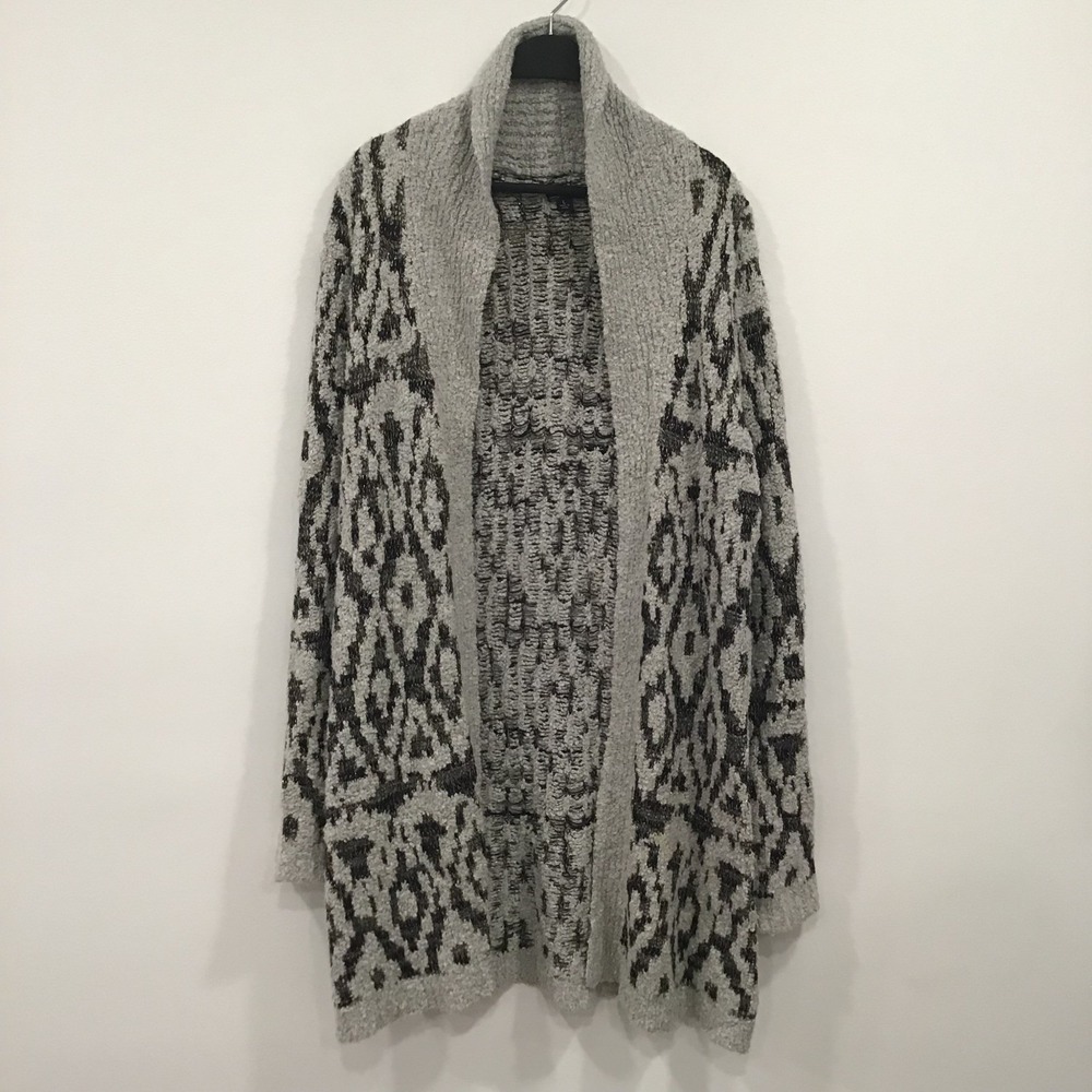 Lucky Brand Open Front Cardigan Sweater Womens Large Grey Geometric Longline